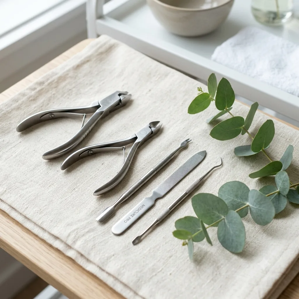 Steriel pedicure-instrumentarium uitgestald op linnen, met een takje eucalyptus