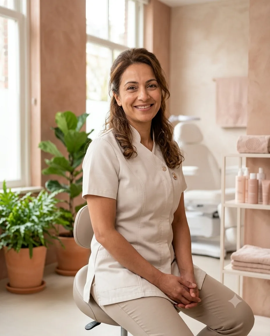 Suzi in haar praktijk, zittend bij het raam tussen de planten