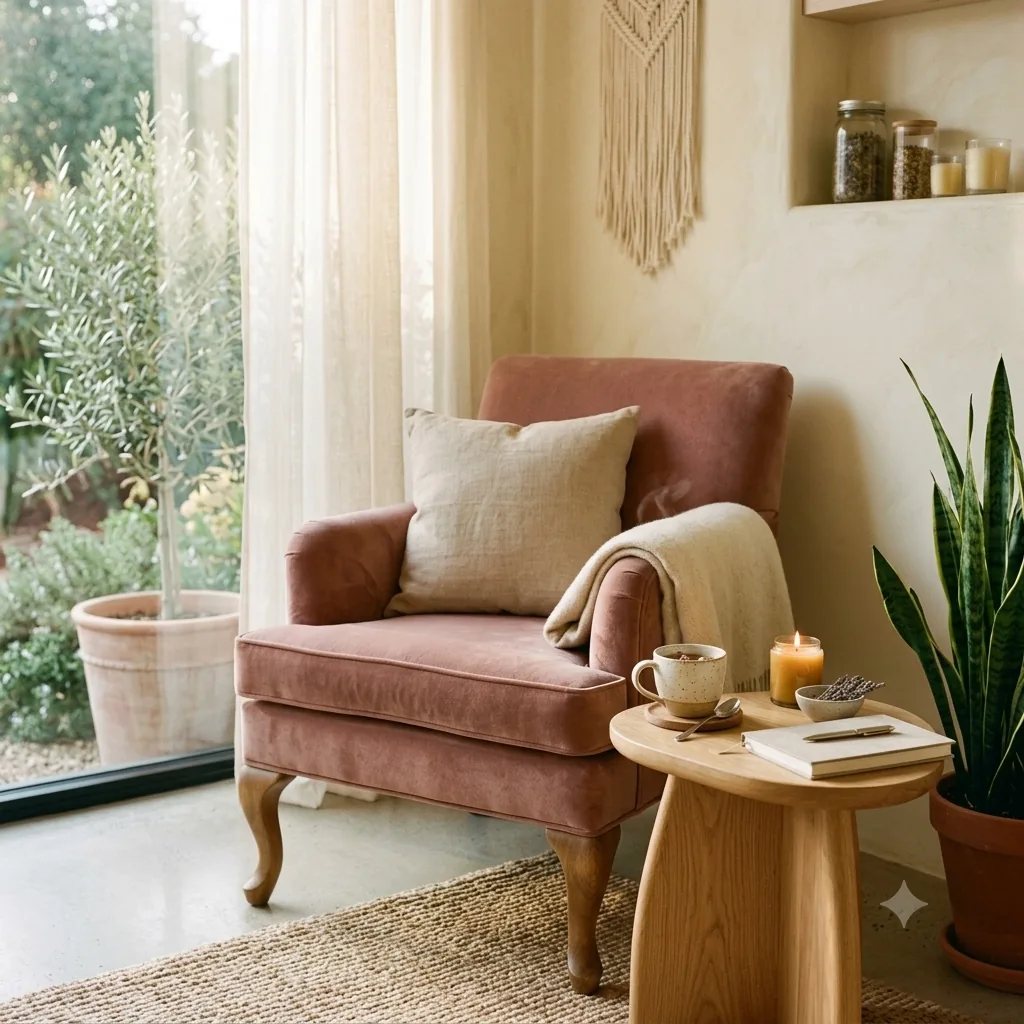 Zachte fauteuil bij een raam met planten en daglicht